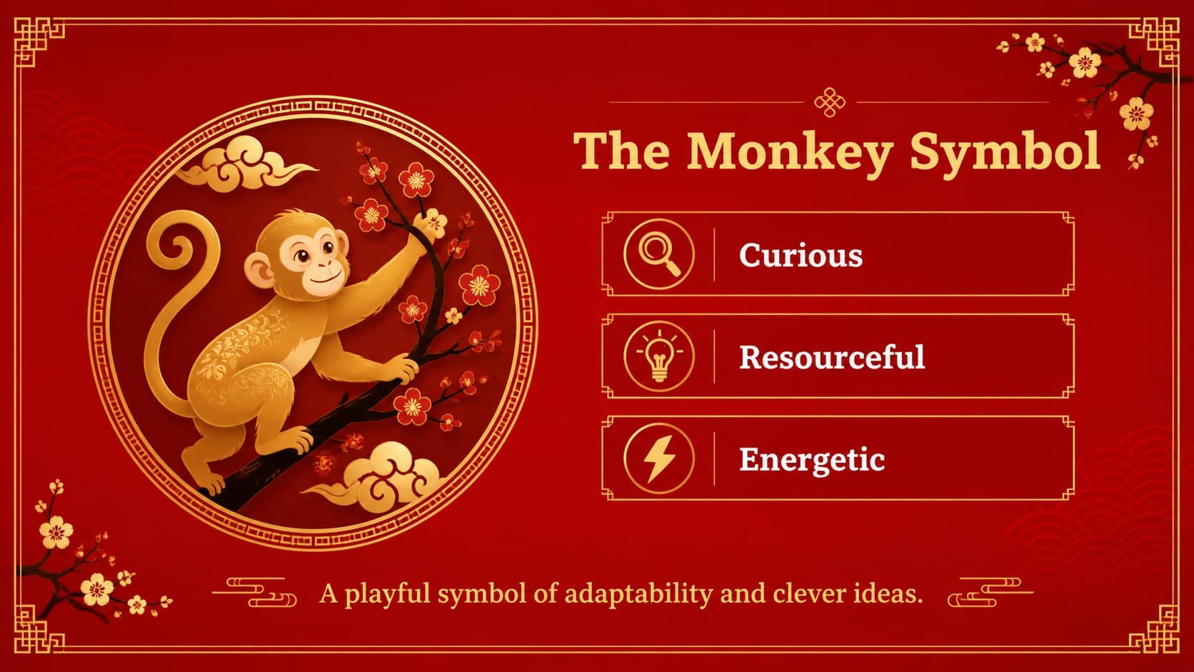 Monkey zodiac slide presenting symbolic traits in an illustrated red and gold festival style.
