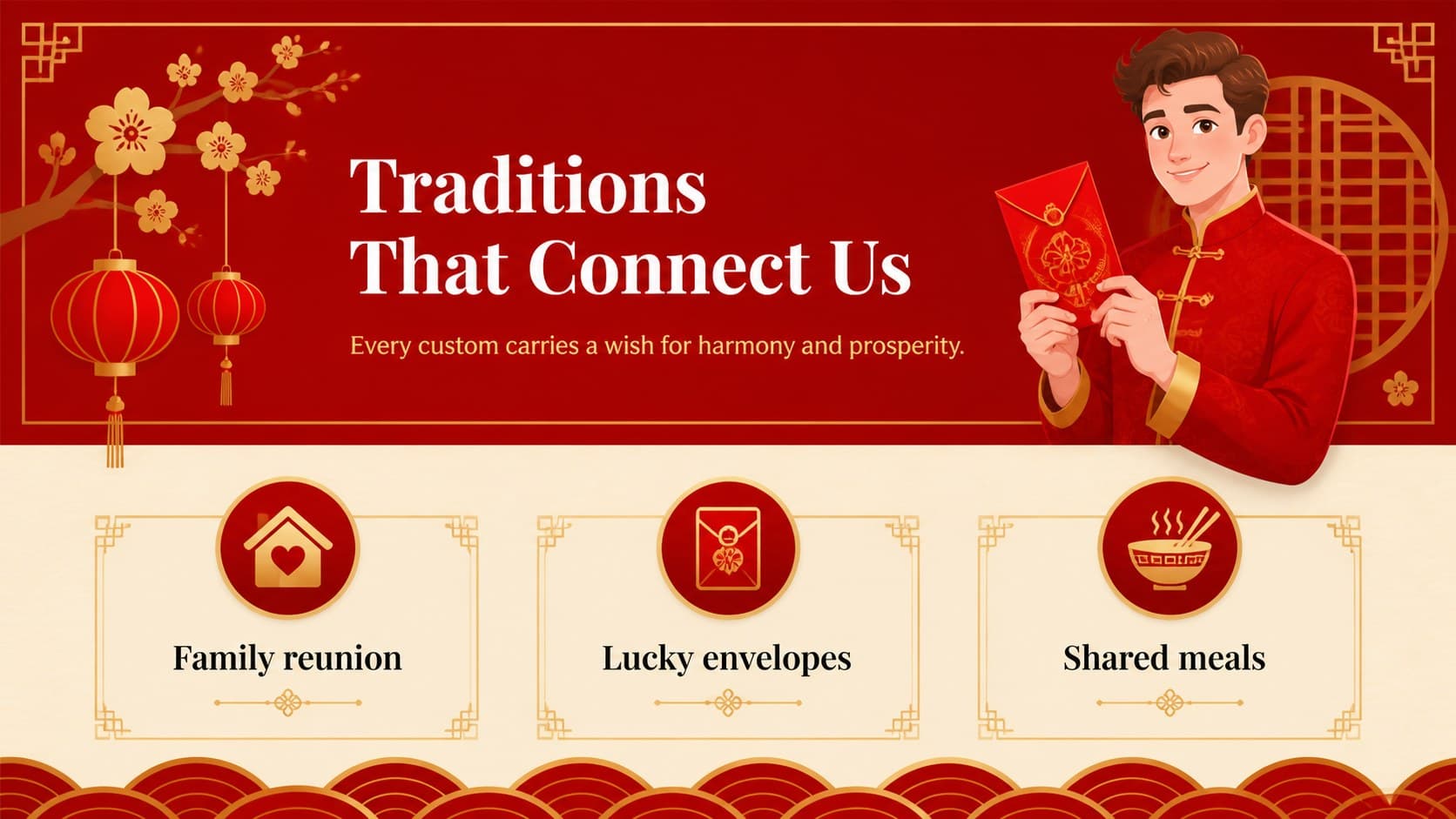 Red and gold slide explaining Lunar New Year traditions with illustrated decorative elements.