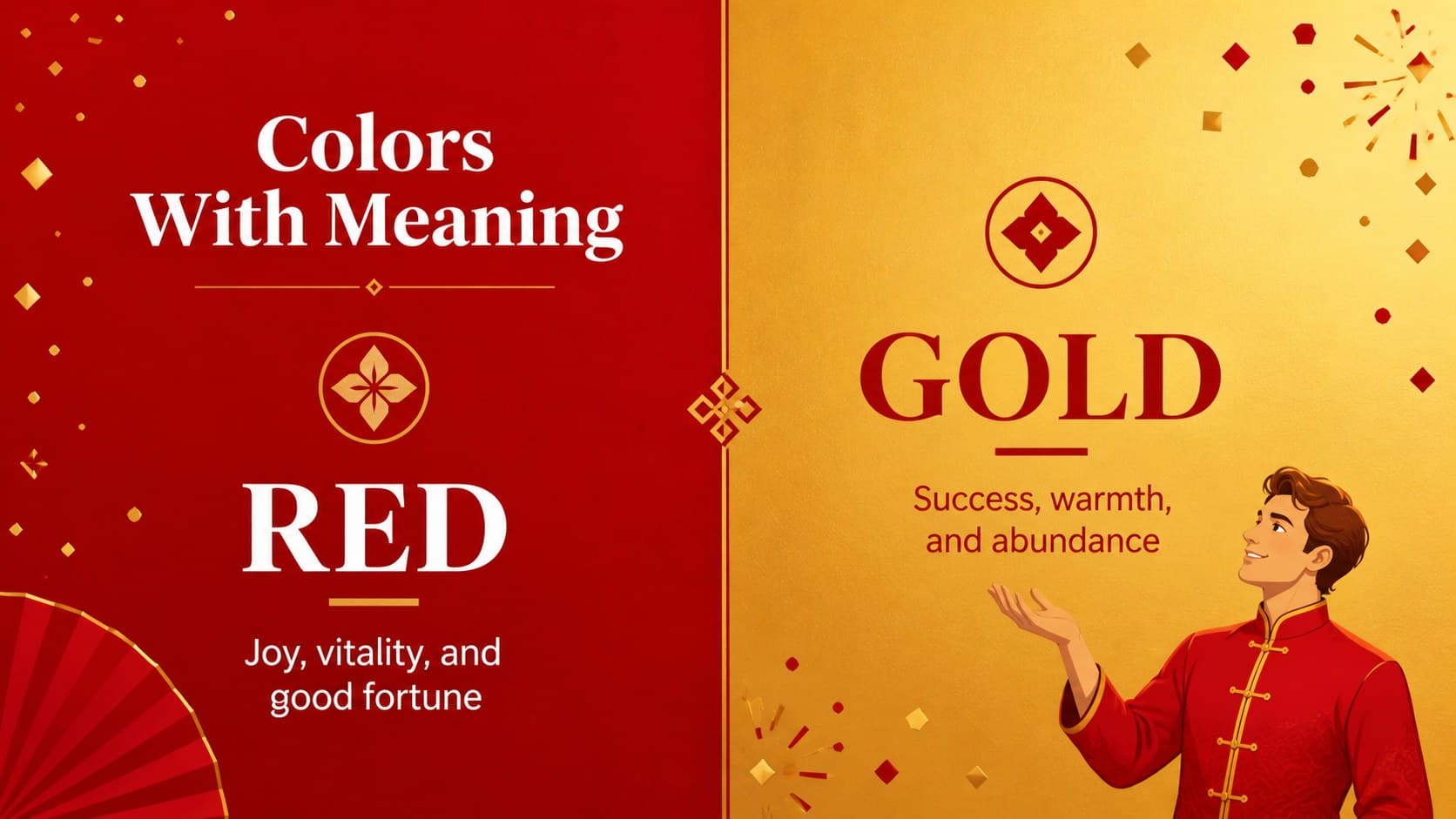 Lunar festival color symbolism slide using a red and gold comparison layout.