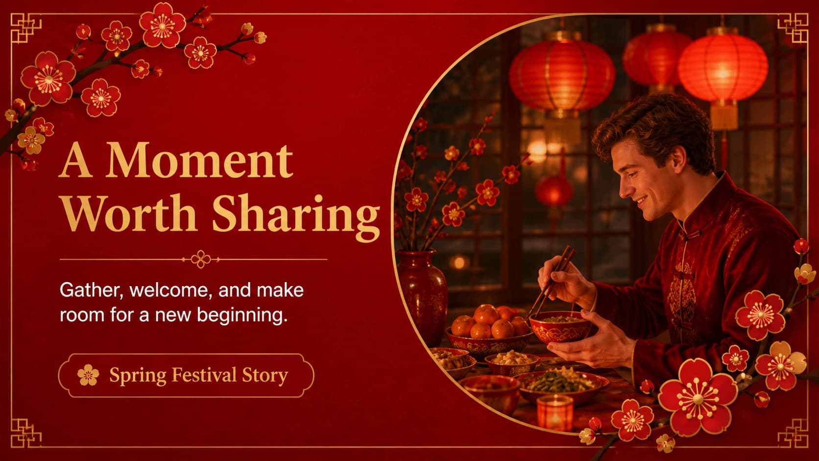 Image-led spring festival storytelling slide with red borders and gold illustrated accents.