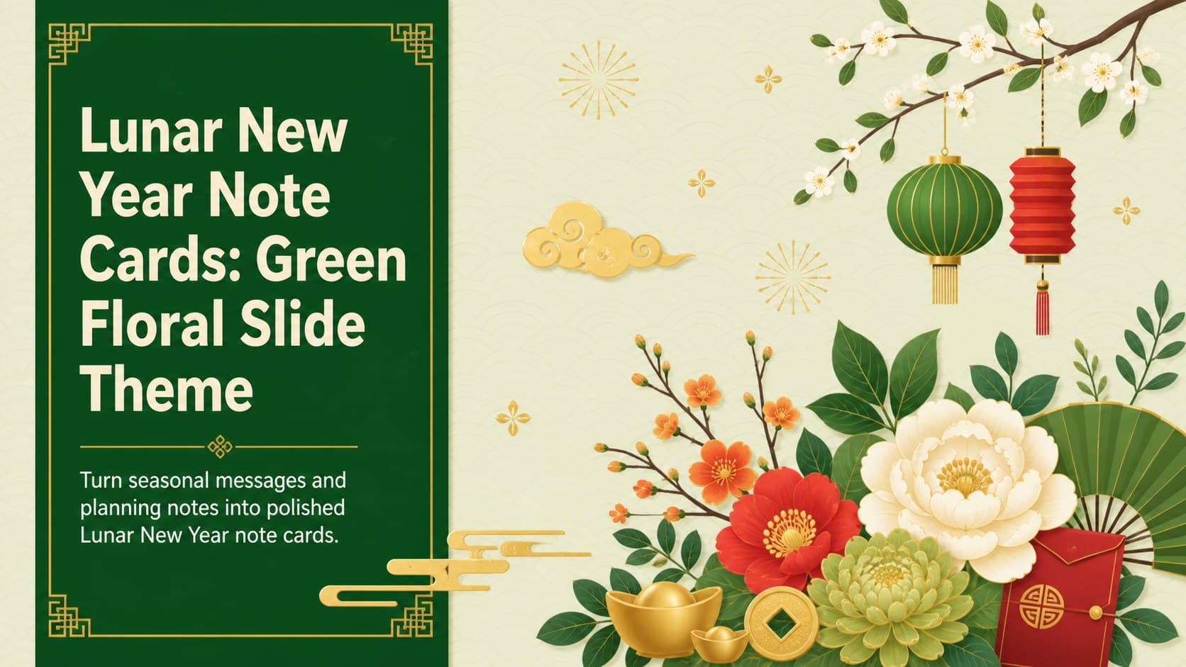 Lunar New Year Note Cards: Green Floral Slide Theme preview