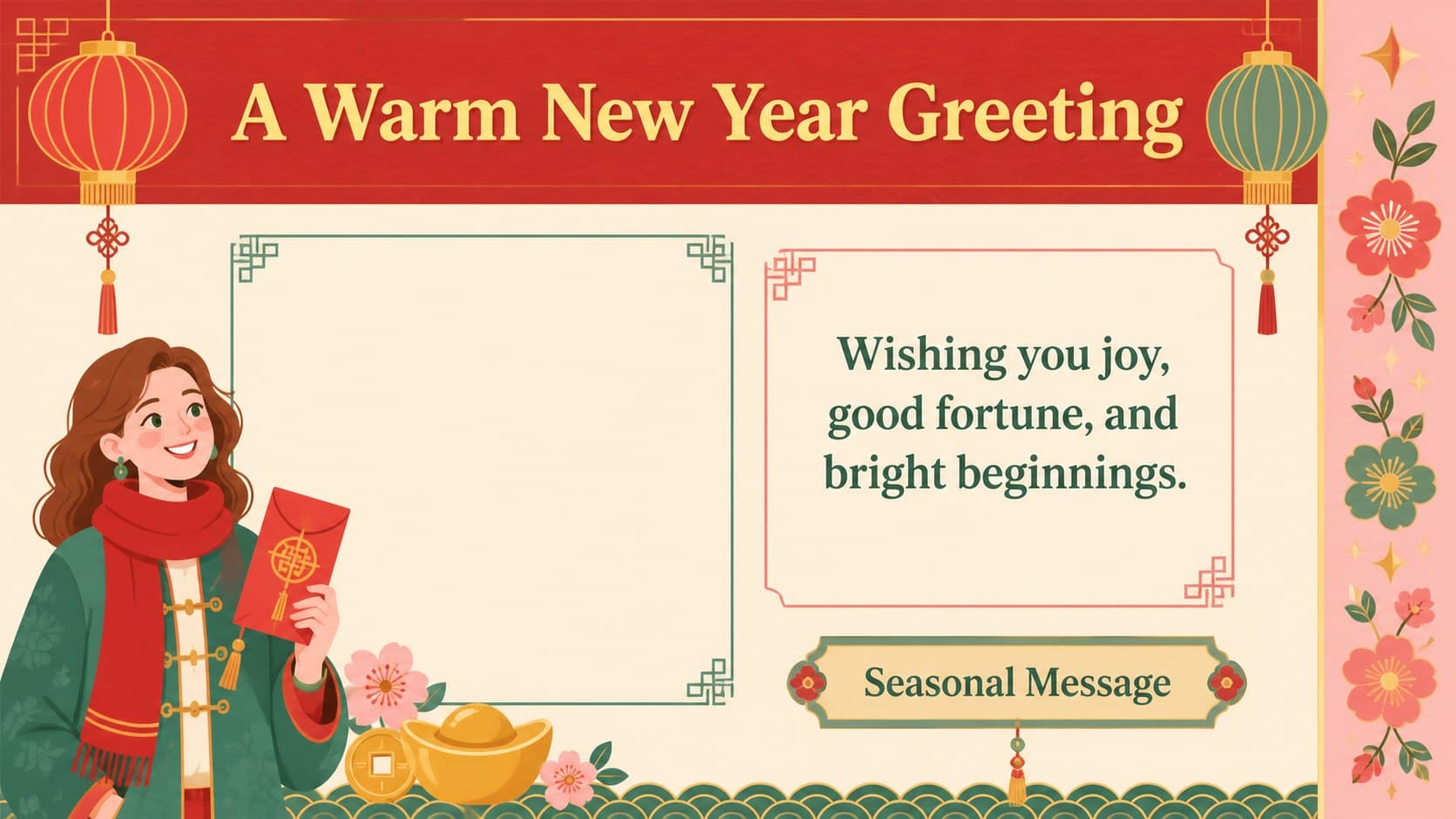 Festive green floral note layout showing a Lunar New Year greeting and editable message area.