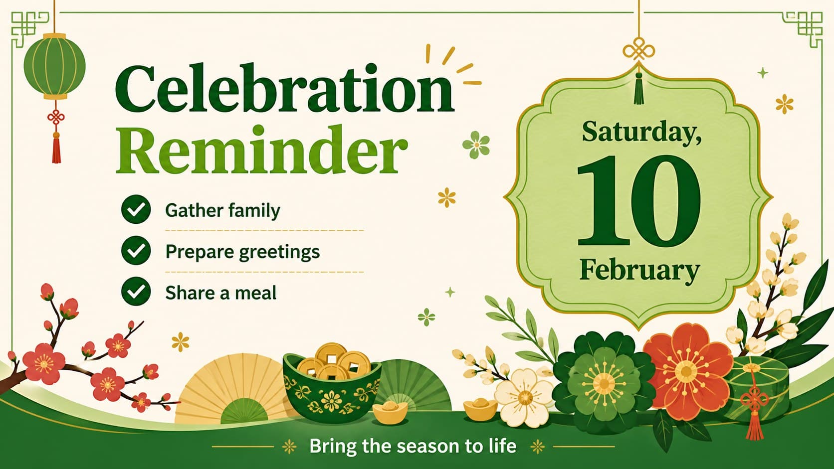 Chinese New Year event reminder slide with a green floral frame, date details, and festive planning notes.
