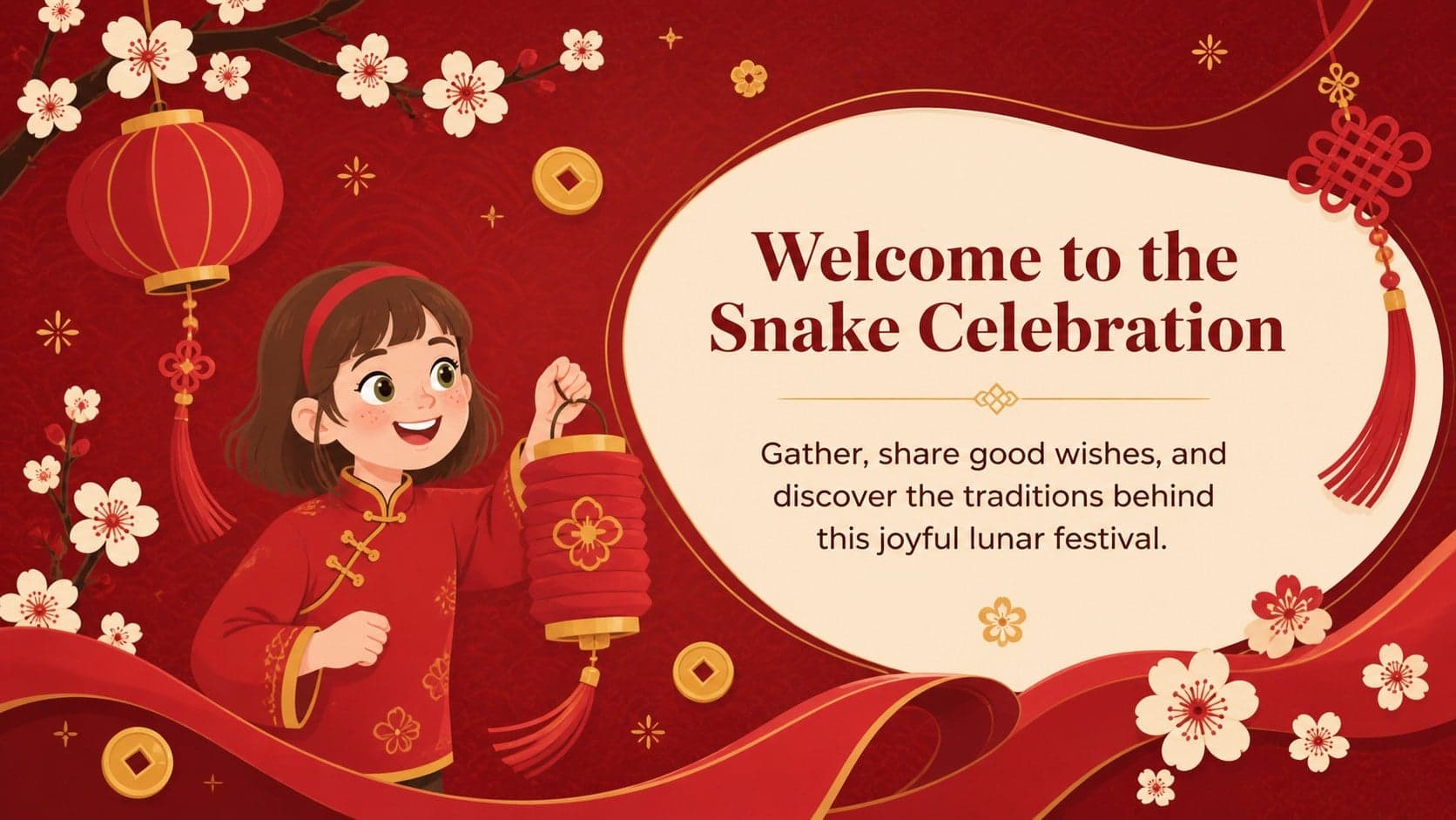 Festive welcome slide introducing a lunar snake celebration with red illustrated lanterns and zodiac motifs.