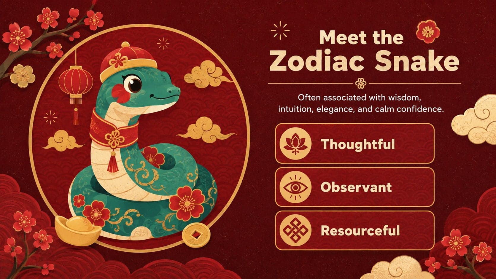 Chinese zodiac snake profile slide highlighting wisdom, intuition, and calm confidence in a red illustrated layout.