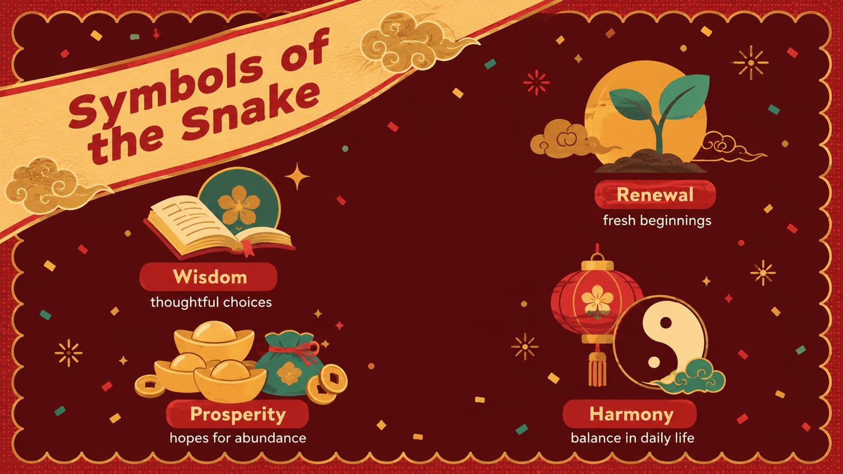 Illustrated snake zodiac symbolism slide explaining wisdom, renewal, prosperity, and harmony.