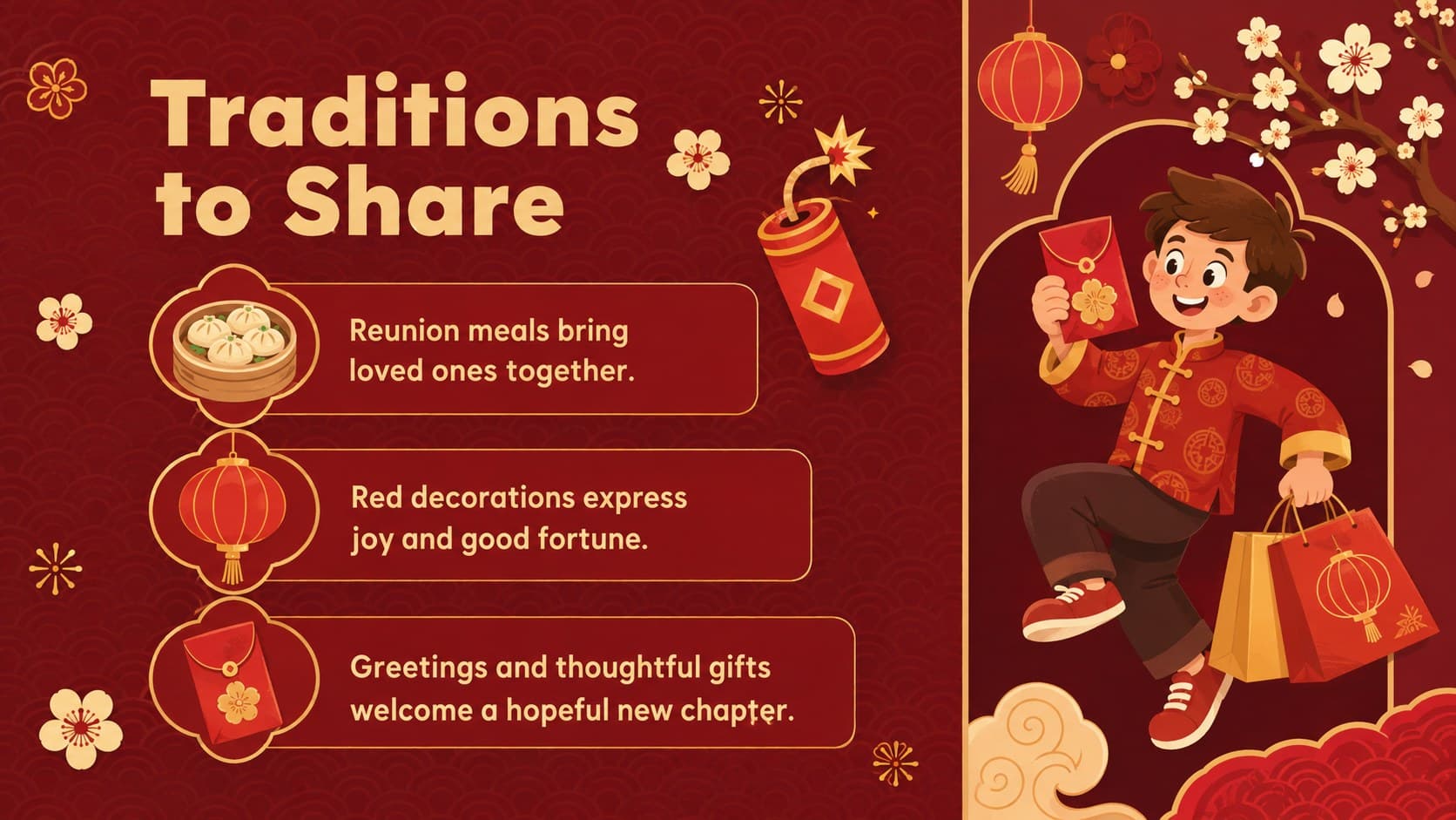 Lunar new year traditions slide featuring reunion meals, red decorations, greetings, and gift giving.