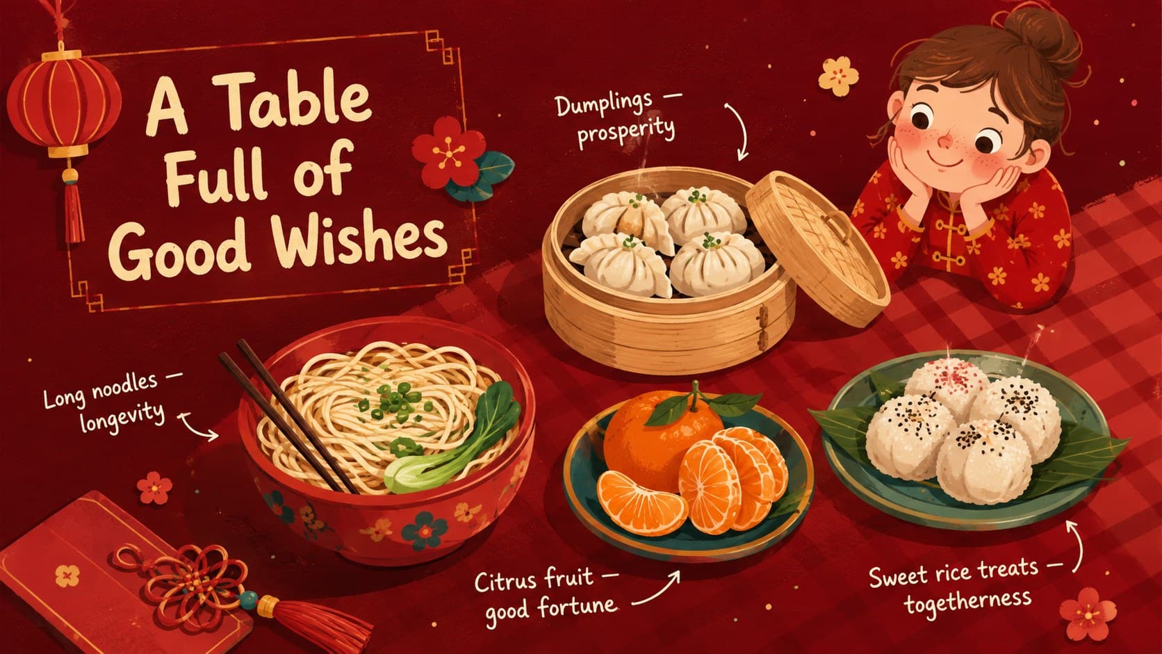 Festive food highlights slide with illustrated dumplings, noodles, citrus fruit, and sweet rice treats.