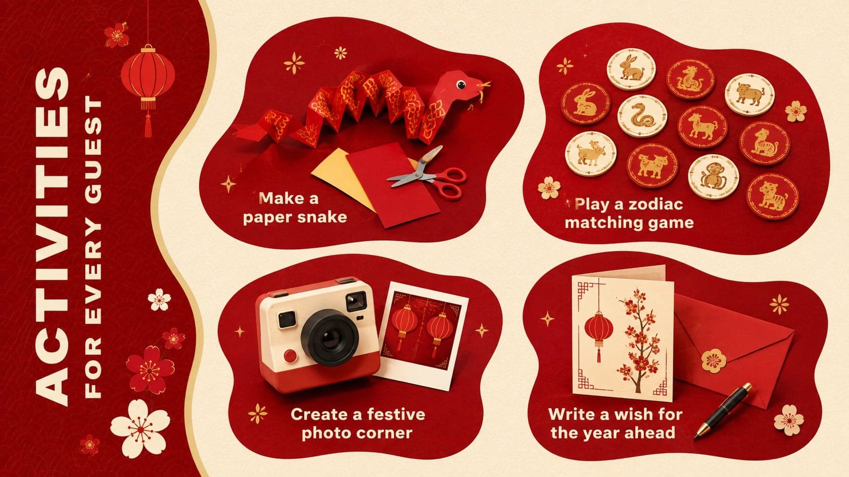 Festival activity ideas slide with prompts for crafts, zodiac games, a photo corner, and wish cards.