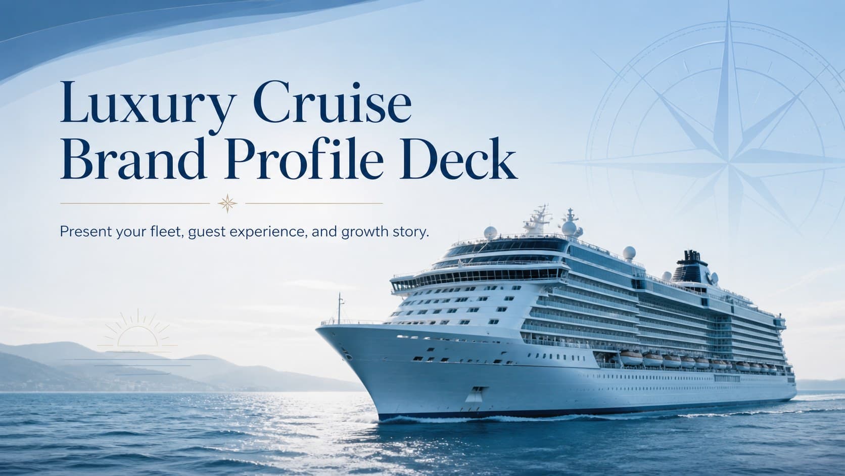 Cover of a luxury cruise brand profile deck featuring an elegant ocean liner and refined blue editorial styling.