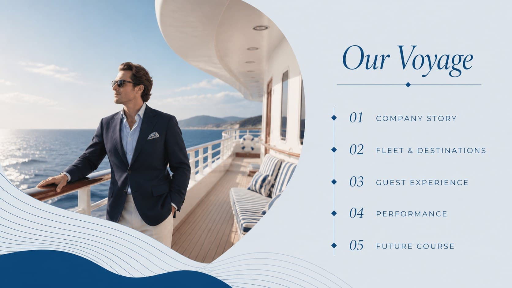 Luxury cruise brand profile deck agenda outlining the company, fleet, guest experience, and growth strategy.