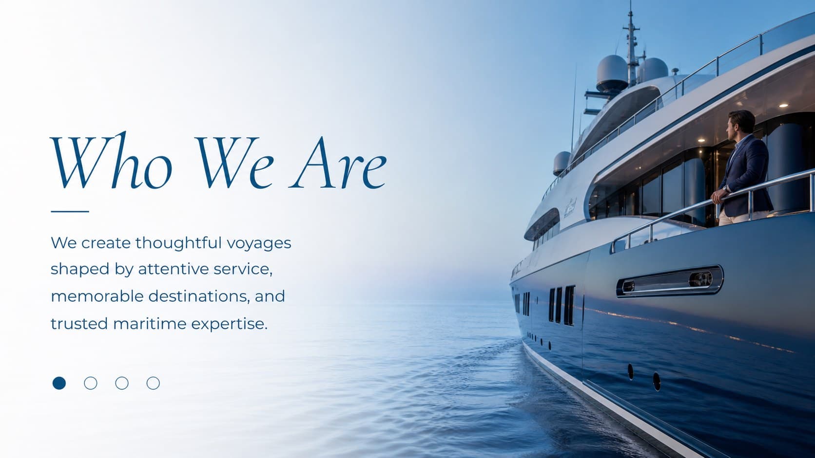 Cruise company profile presentation template slide introducing the operator's purpose and premium service promise.
