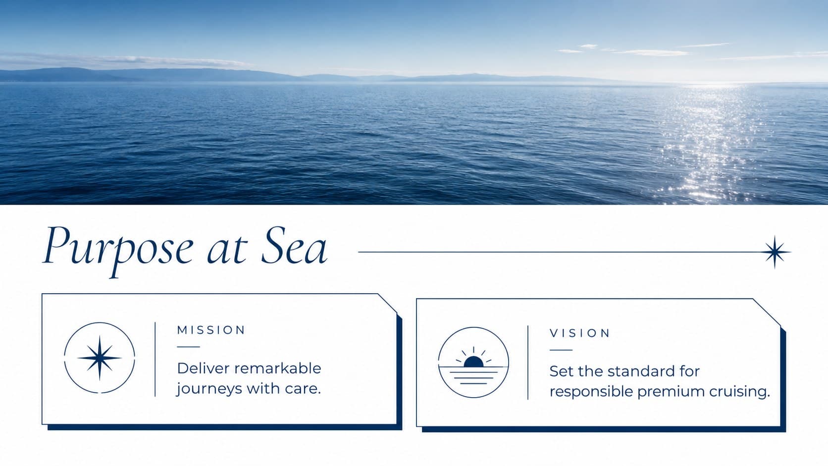 Elegant blue travel slide presenting the cruise brand mission, vision, and service values.