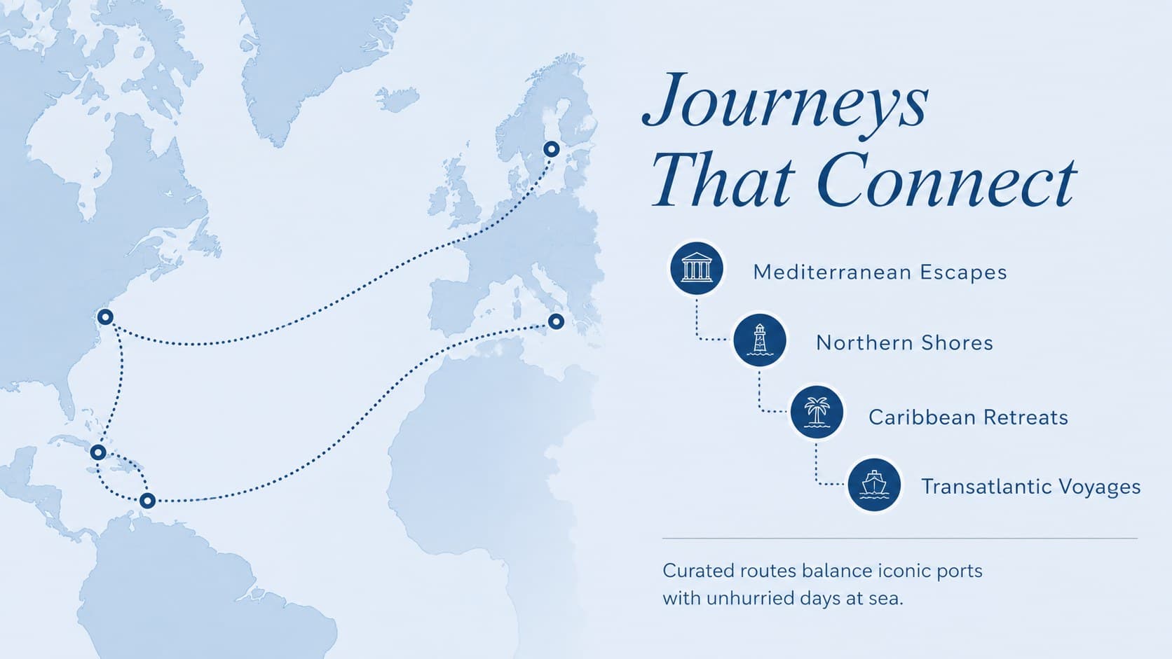 Maritime hospitality pitch deck slide mapping regional destinations and signature cruise itineraries.