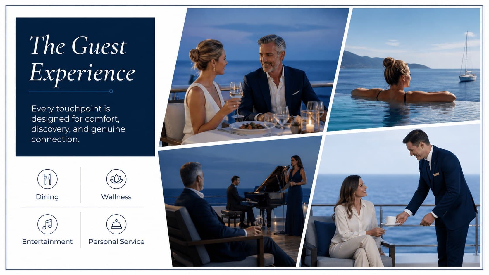 Passenger experience presentation slide showcasing dining, wellness, entertainment, and personalized service.