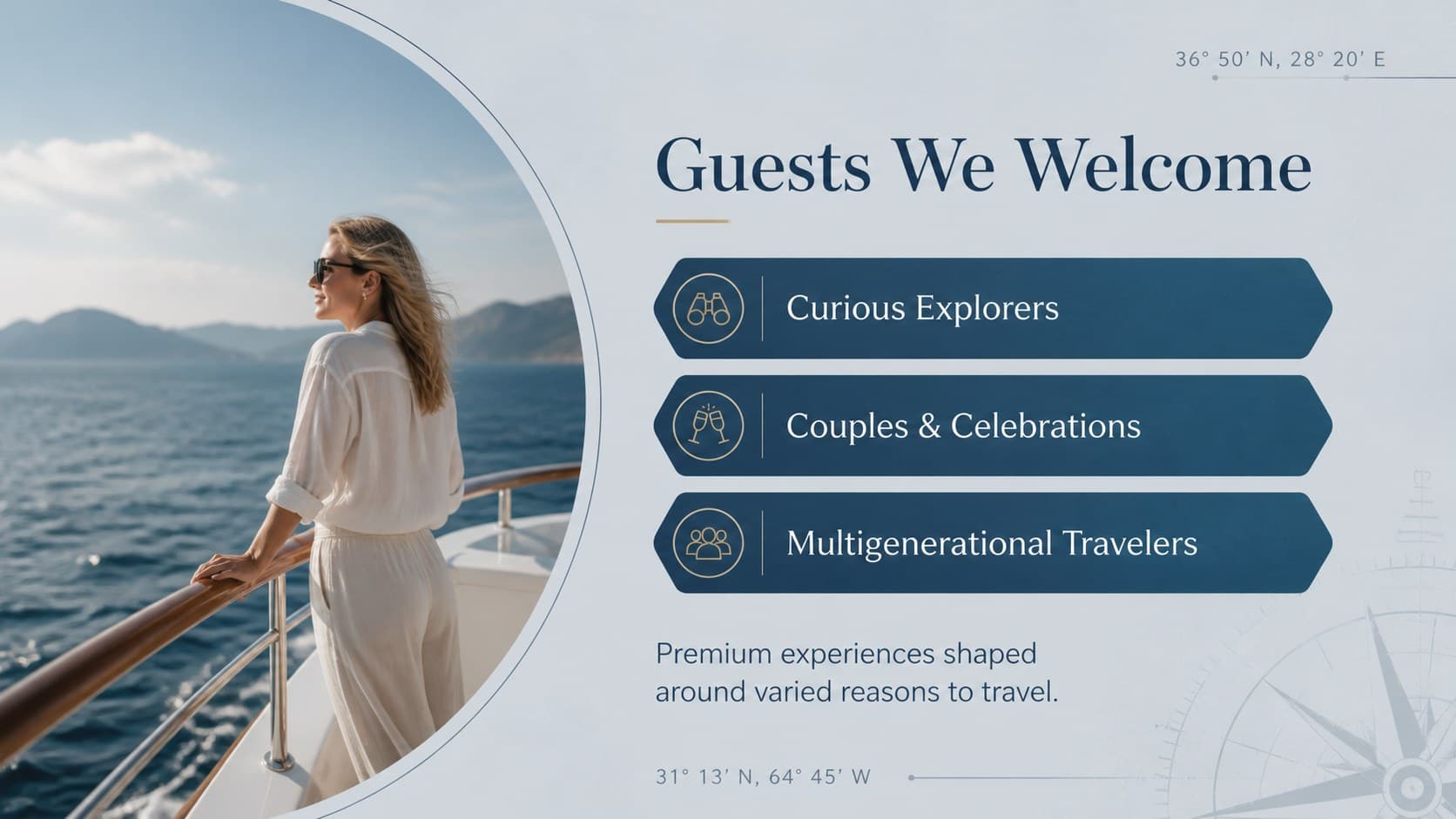 Luxury cruise brand profile deck slide defining affluent explorers, couples, and multigenerational guest segments.