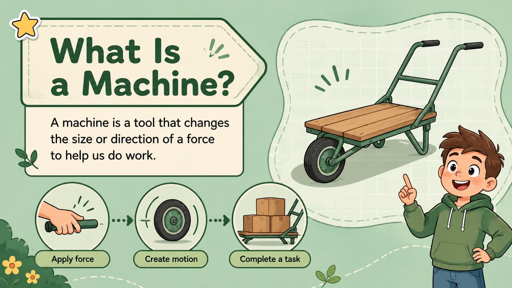 Illustrated how machines work classroom slide defining a machine with examples of force, movement, and useful work.