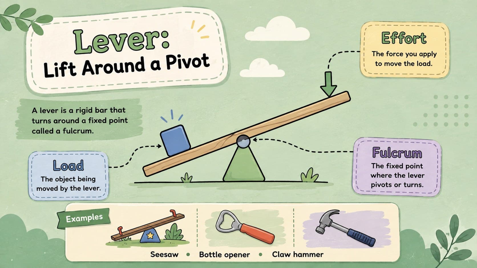 Lever lesson slide illustrating the effort, fulcrum, and load with a pastel green seesaw diagram.