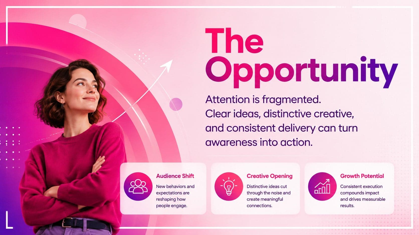 Pink and purple marketing presentation slide defining the campaign opportunity with three key insights.