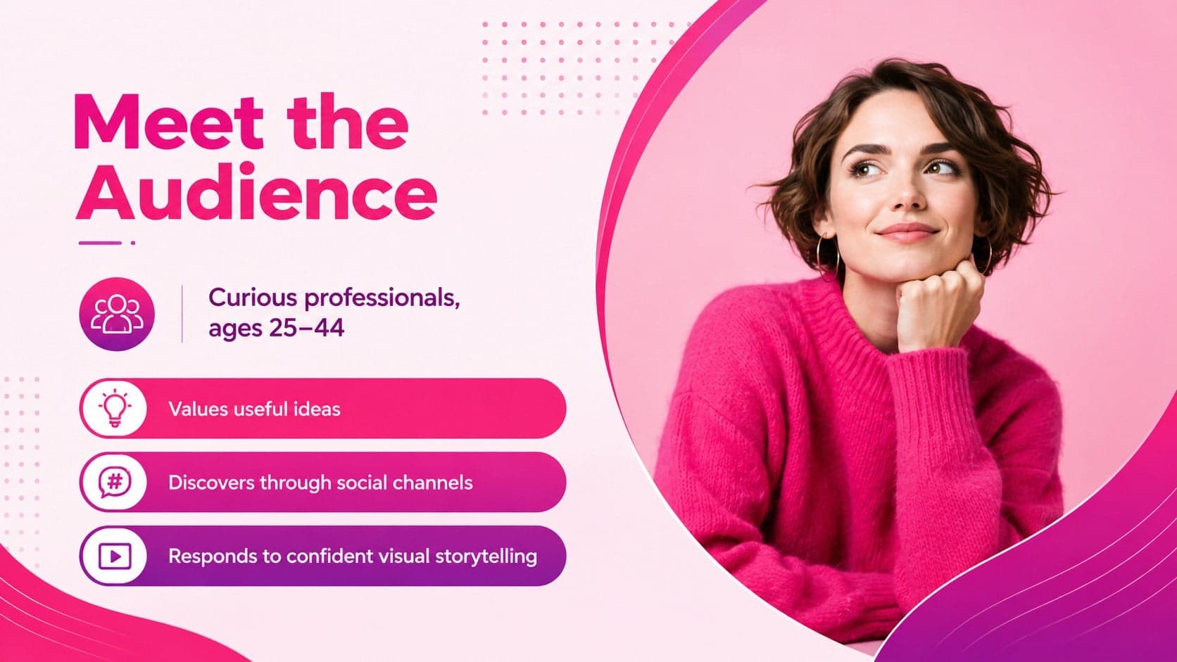 Elegant gradient pitch deck slide presenting a target audience profile and behavioral insights.