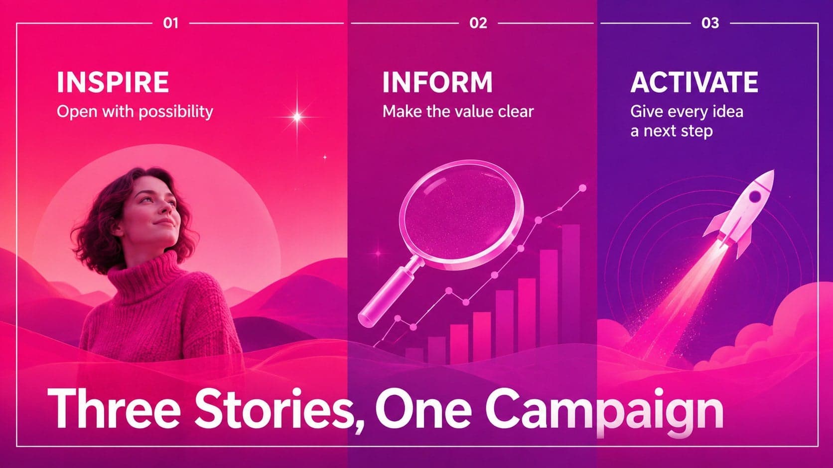 Creative agency proposal slide presenting three content pillars in a structured editorial layout.