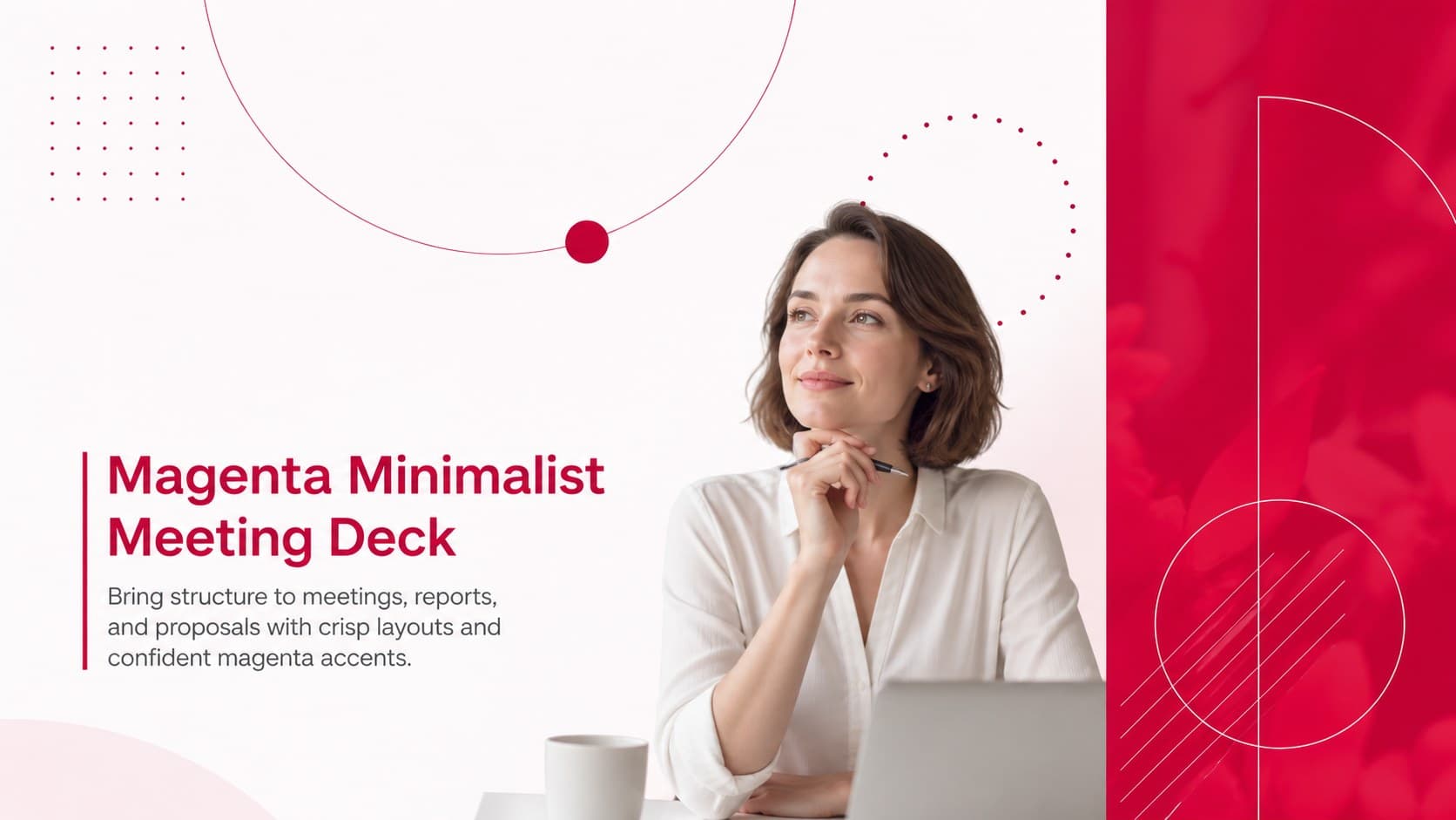 Cover of the Magenta Minimalist Meeting Deck with bold typography and restrained red-magenta accents.