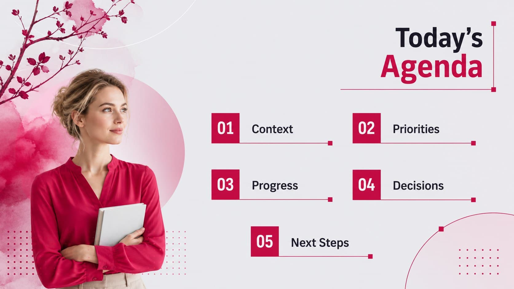 Minimal business meeting presentation agenda with five clearly structured discussion topics.