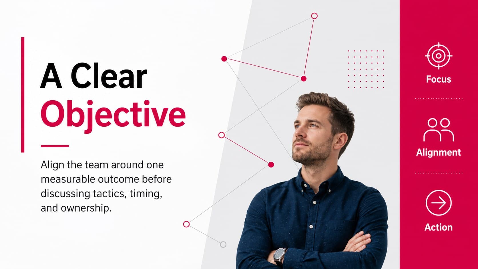 Magenta corporate report template slide introducing a focused meeting objective.