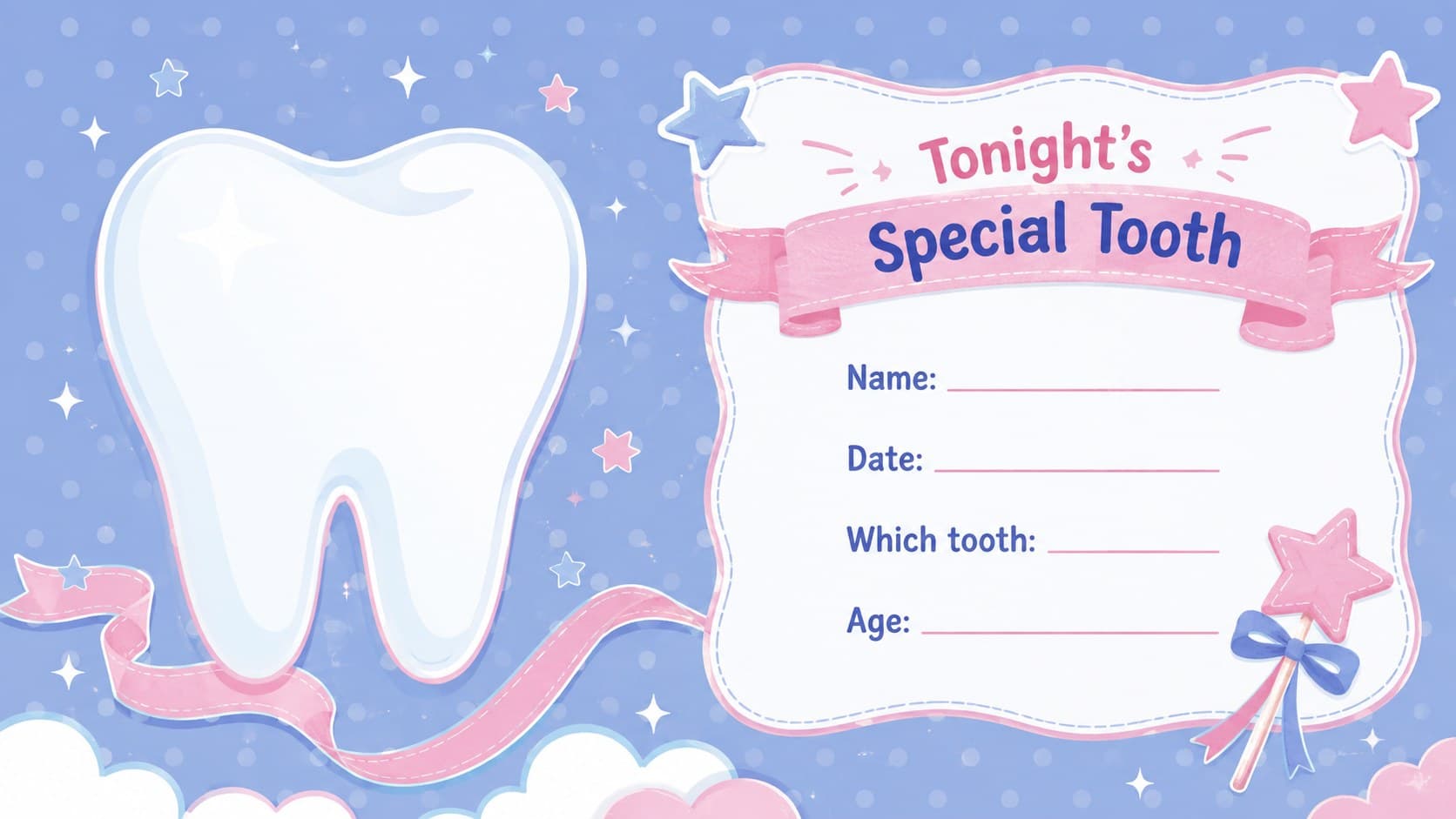Pastel lost tooth profile slide with spaces for a child's name, date, and tooth details.