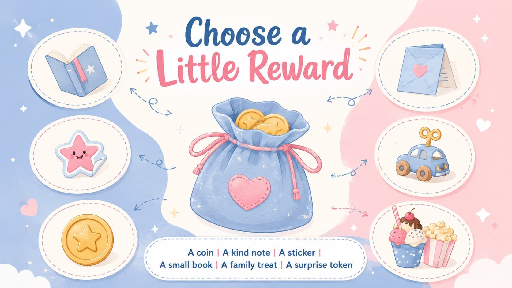 Pastel reward ideas slide showing simple choices for a child's lost tooth celebration.