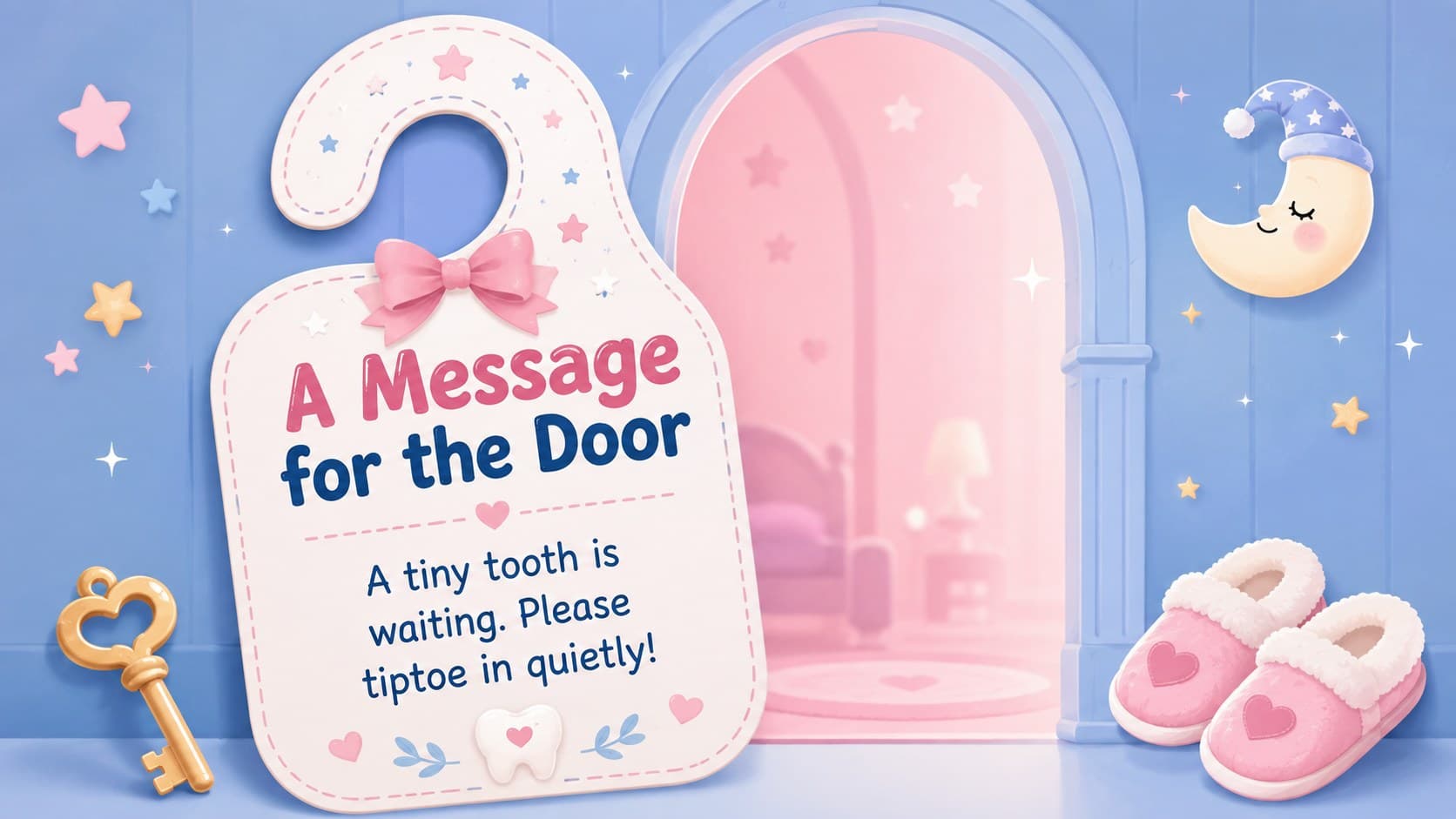 Printable-style tooth fairy door hanger message in a blue and pink children's presentation.