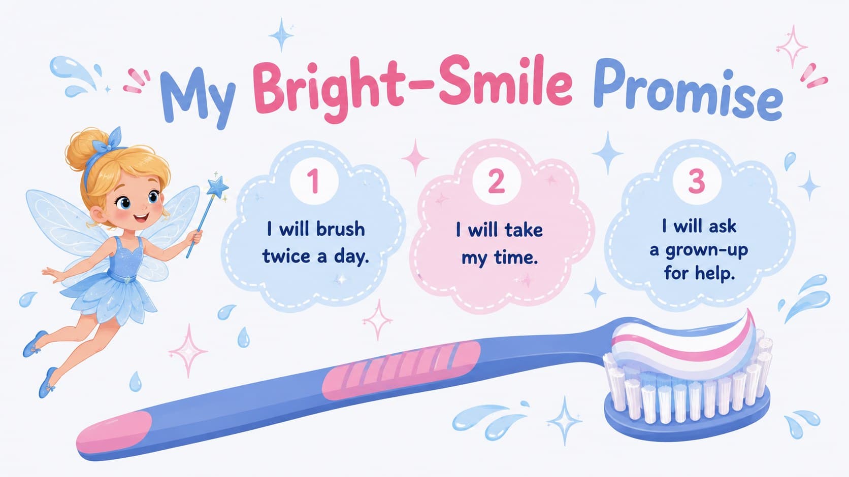 Kid-friendly brushing promise slide with simple dental care commitments and pastel illustrations.