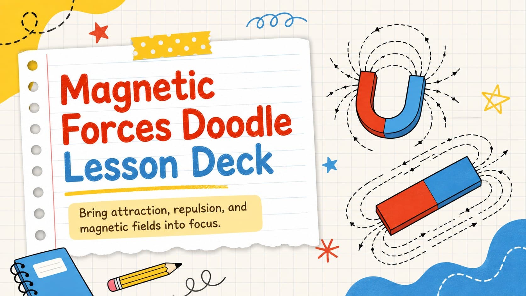 Cover of the Magnetic Forces Doodle Lesson Deck with colorful magnets, field lines, and science notebook illustrations.
