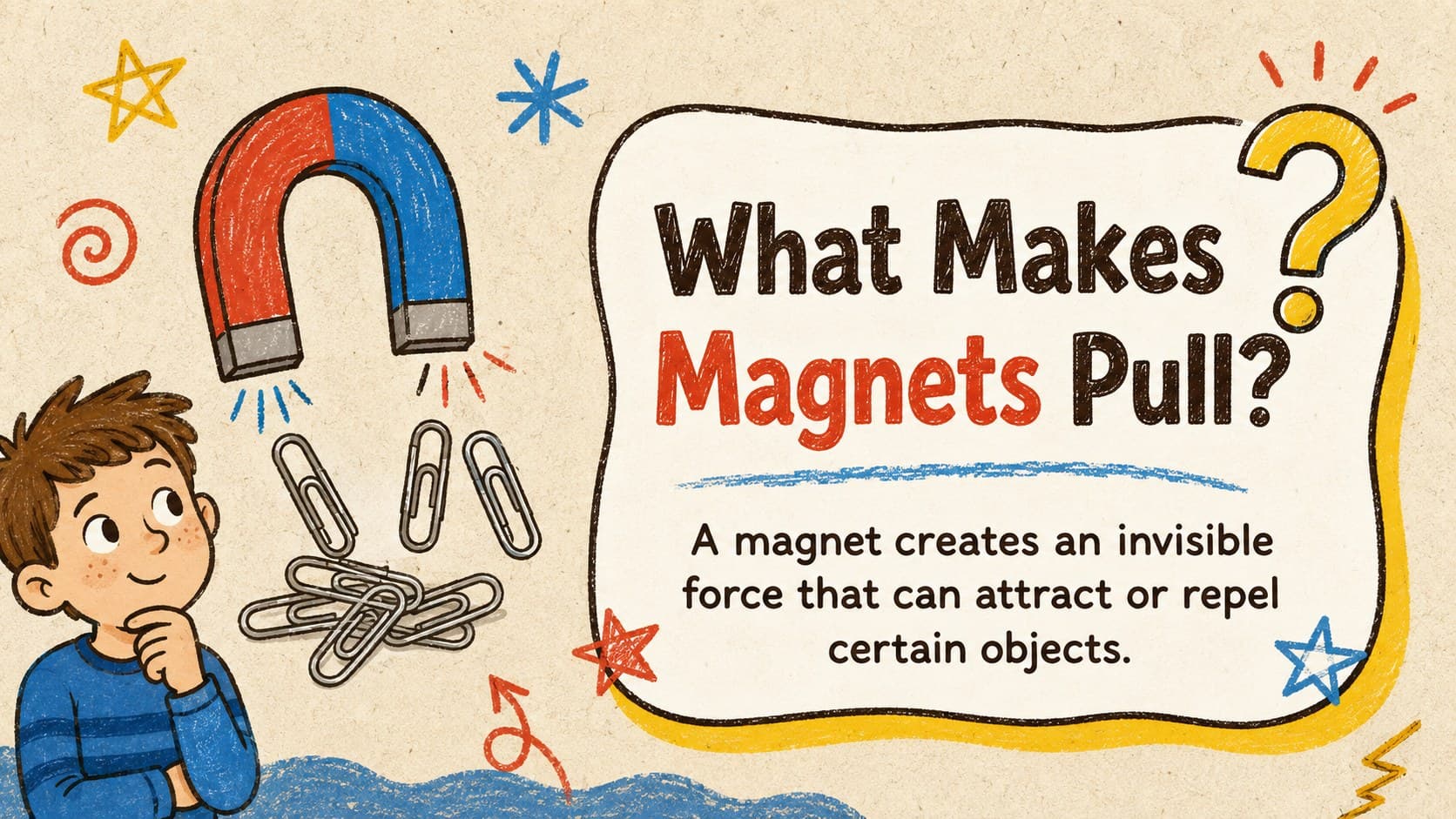 Elementary magnetism lesson slide asking what makes magnets pull, with illustrated paper clips and magnetic field marks.