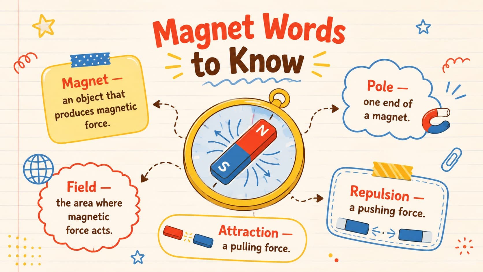 Magnetic forces vocabulary slide defining magnet, pole, field, attraction, and repulsion for elementary students.