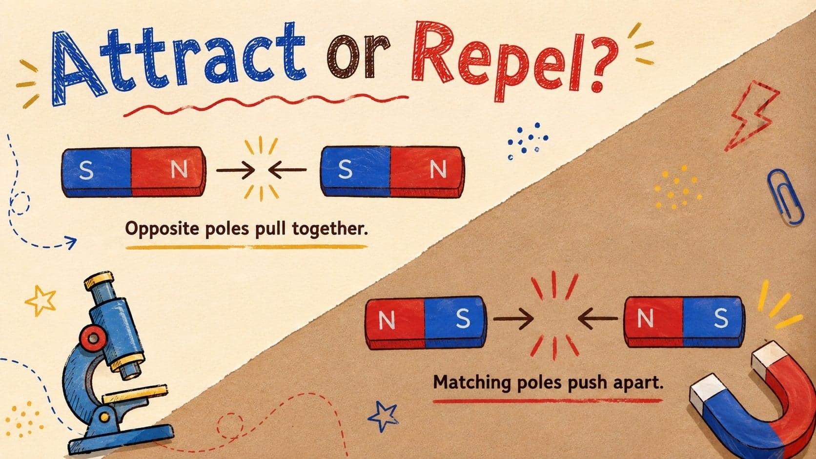 Magnetic attraction and repulsion lesson slide comparing opposite and matching poles with clear doodle diagrams.
