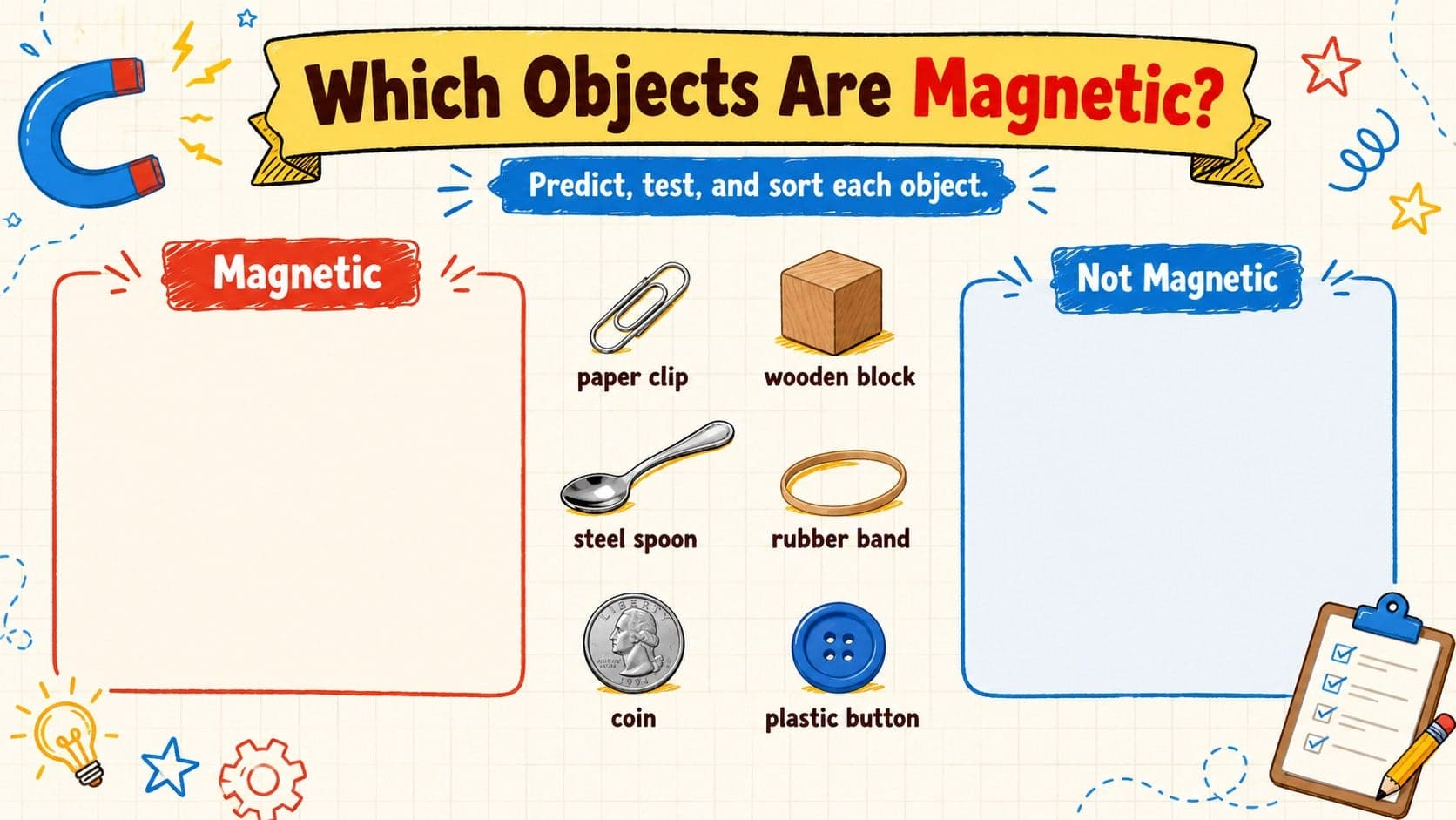 Magnetic materials sorting activity with illustrated classroom objects divided into magnetic and nonmagnetic groups.