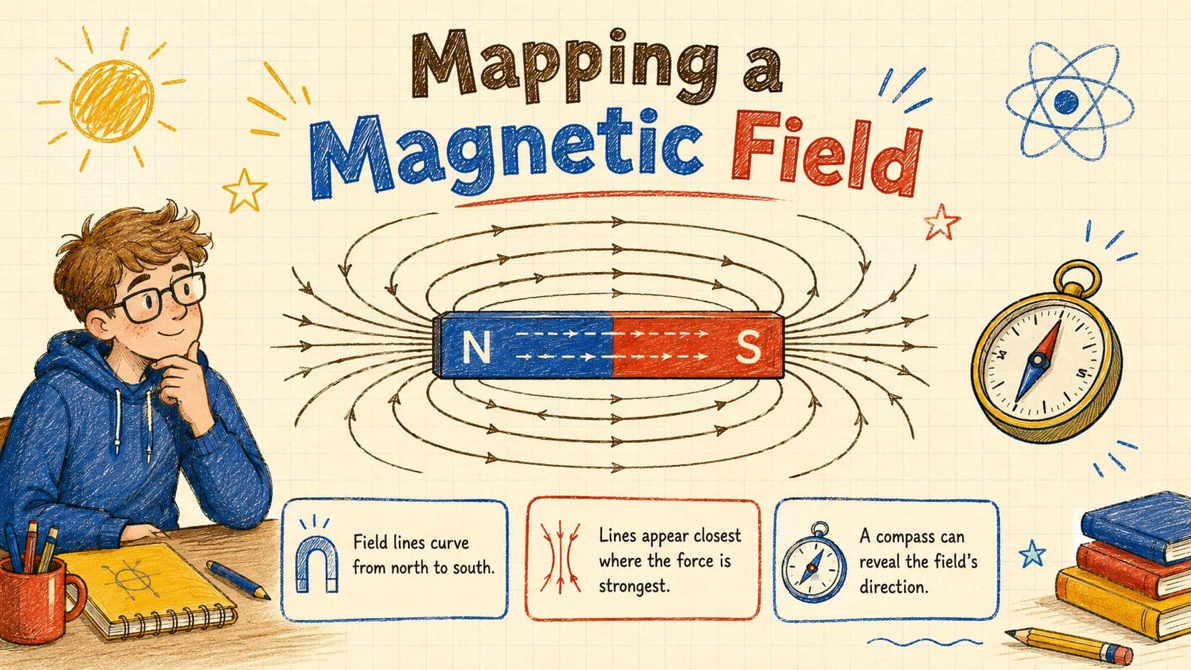 Magnetic field lines presentation slide showing an original bar magnet diagram and the strongest field areas.