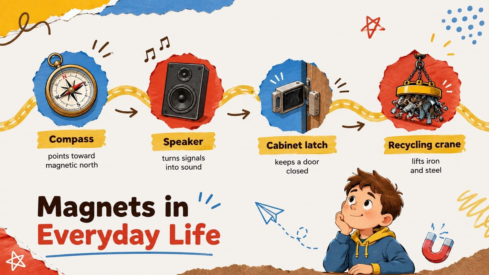 Elementary science slide illustrating everyday uses of magnets in a compass, speaker, cabinet latch, and recycling crane.