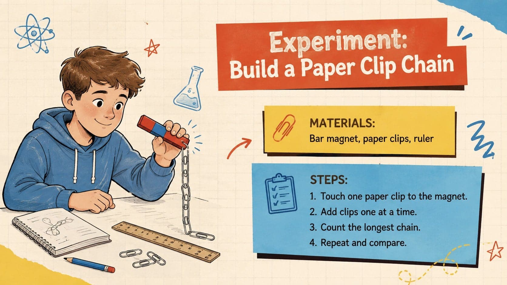 Magnet experiment classroom deck slide explaining a paper clip chain investigation with materials and procedure.
