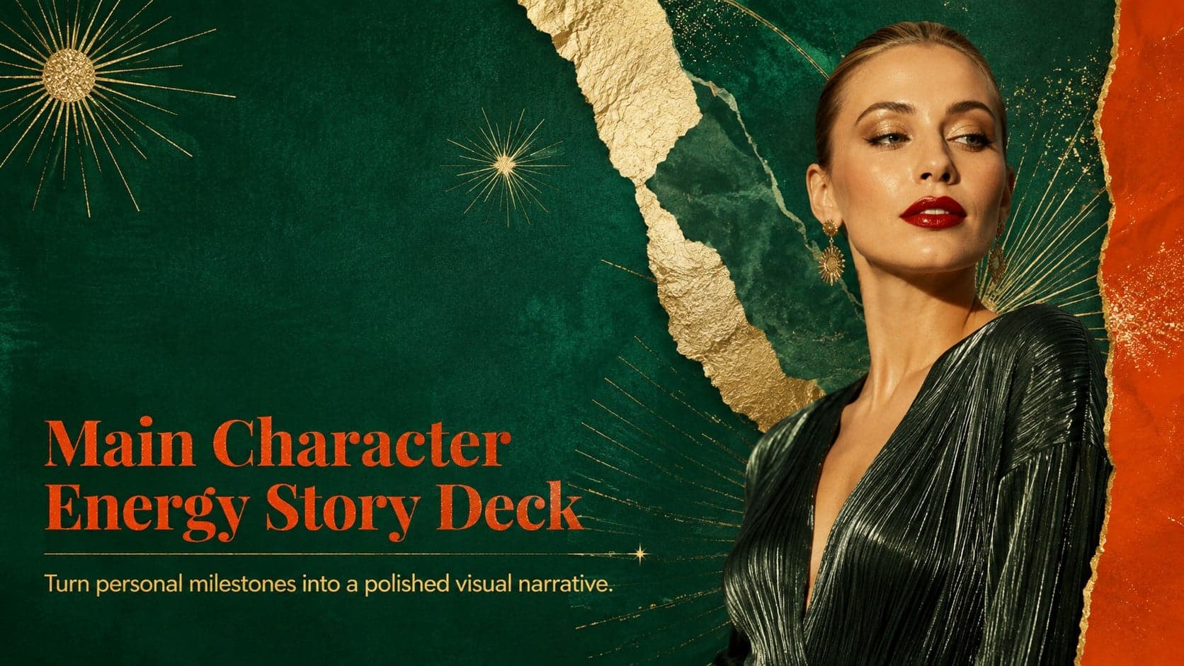 Cover of the Main Character Energy Story Deck with emerald paper textures, orange accents, and scattered gold glitter.