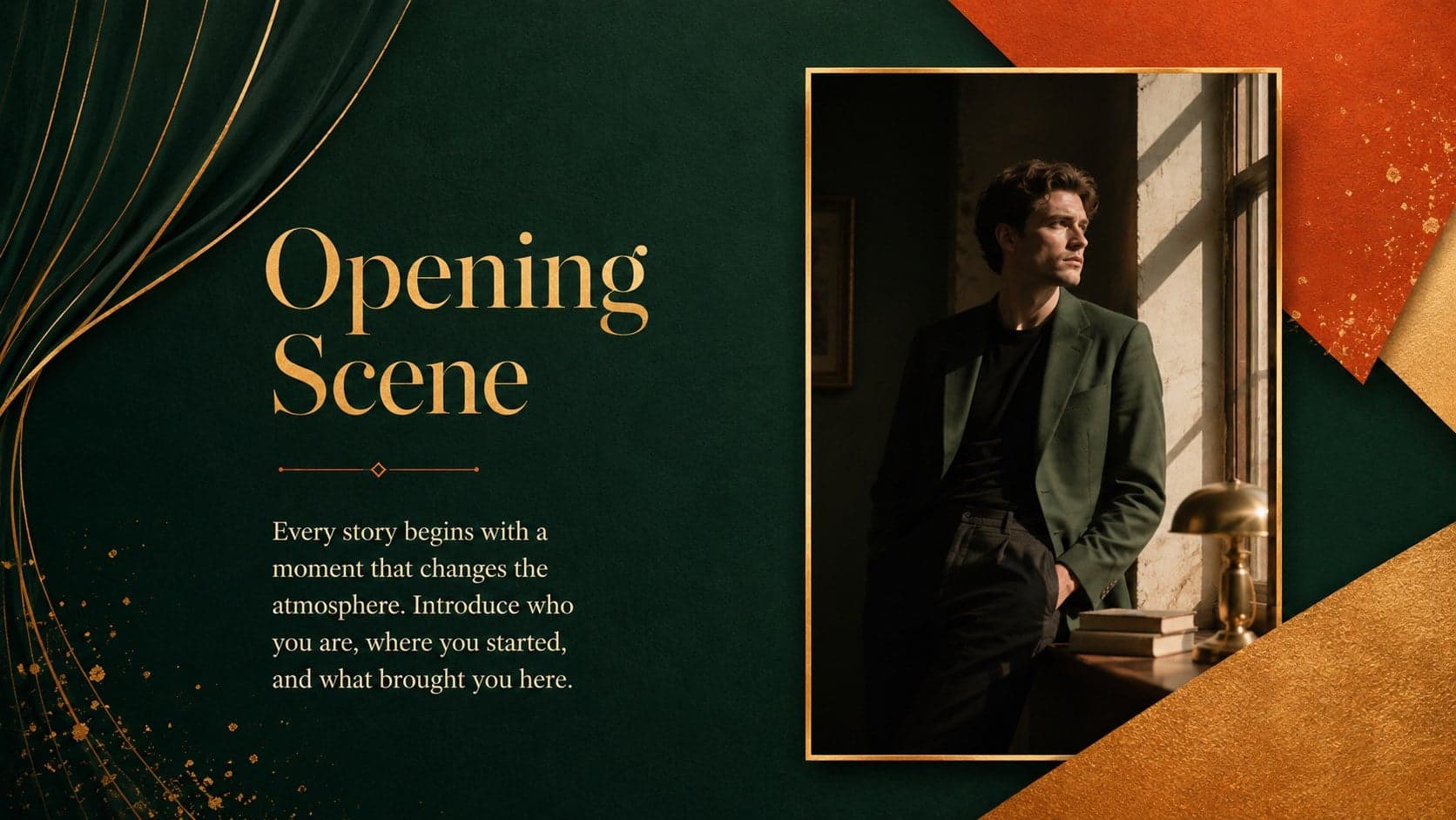 Editorial opening-scene slide from a personal storytelling presentation template with a portrait frame and introductory text.