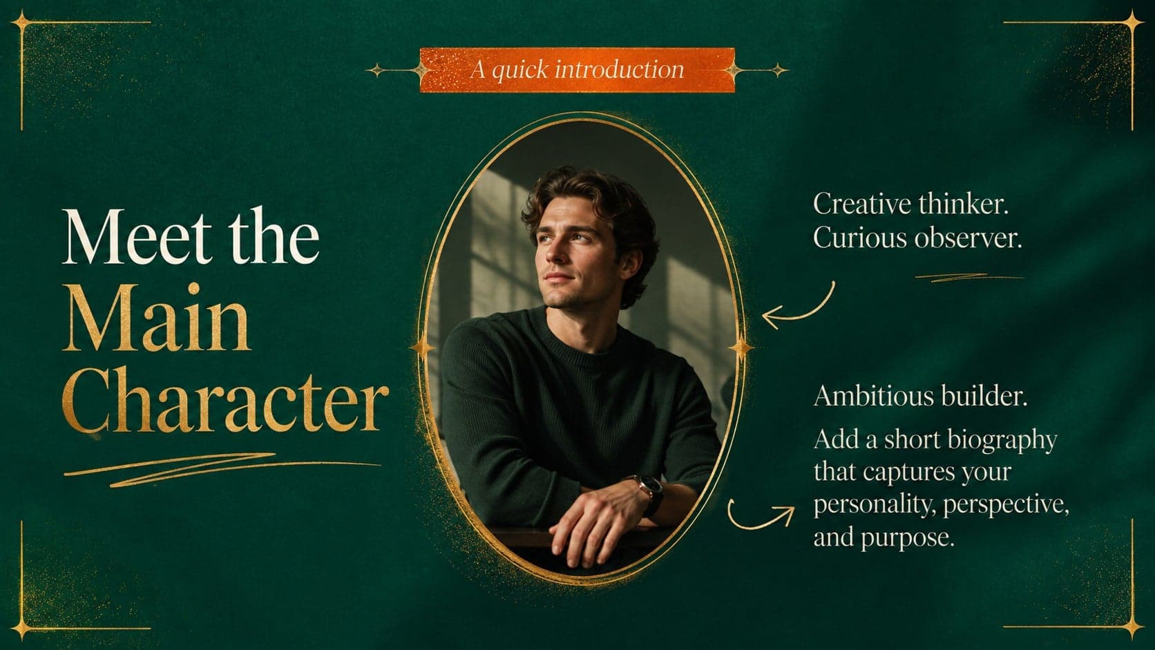 Main character profile slide featuring an original portrait, short biography, and personal details in an emerald and gold layout.