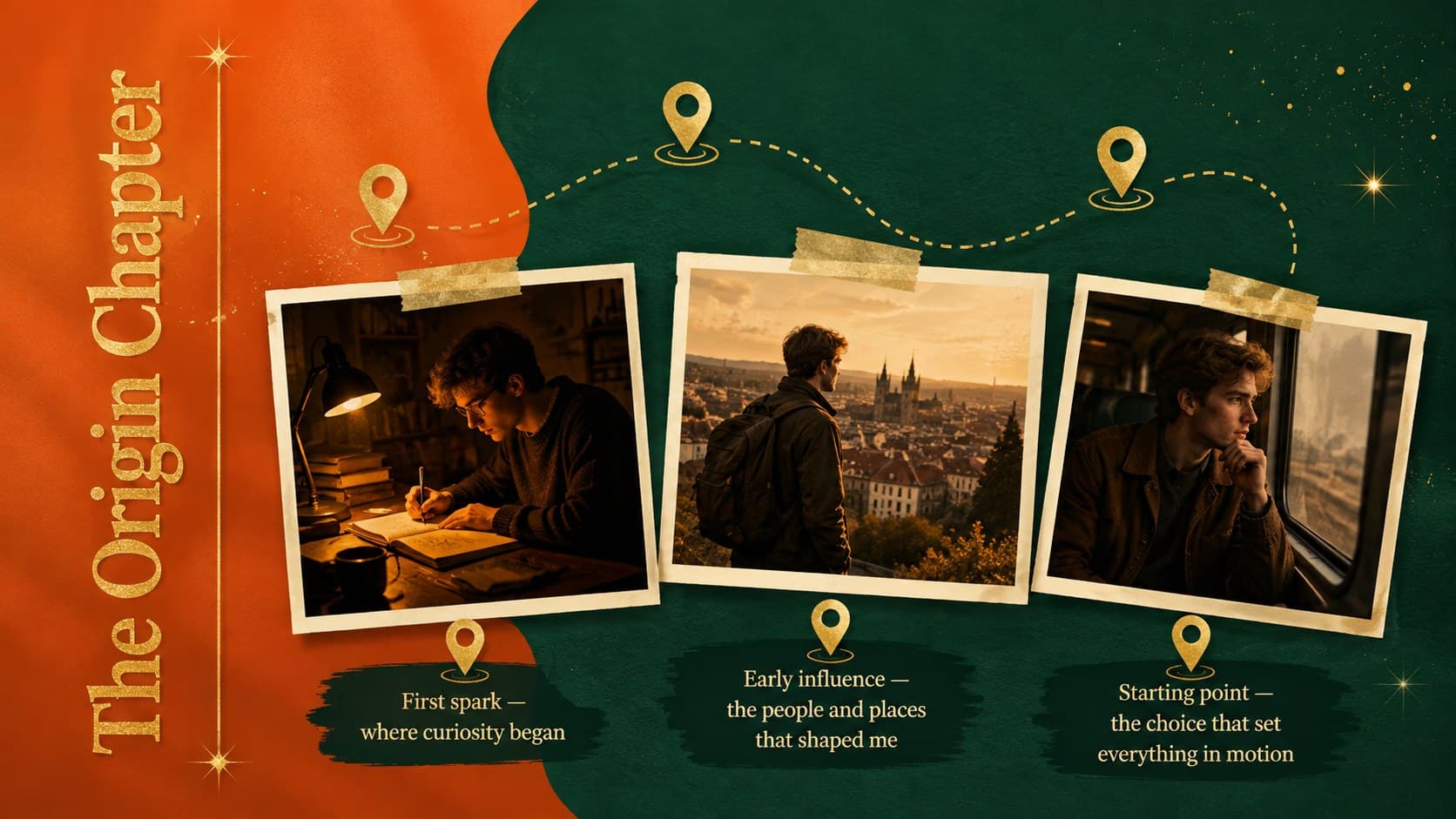Origin chapter layout for a cinematic self introduction with three milestone snapshots and concise captions.