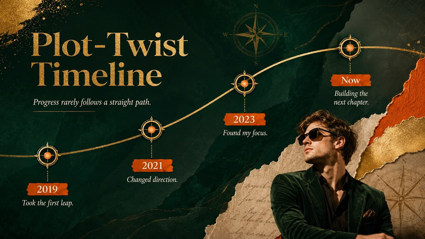Personal milestone presentation deck timeline showing four turning points in an elegant emerald, orange, and gold design.