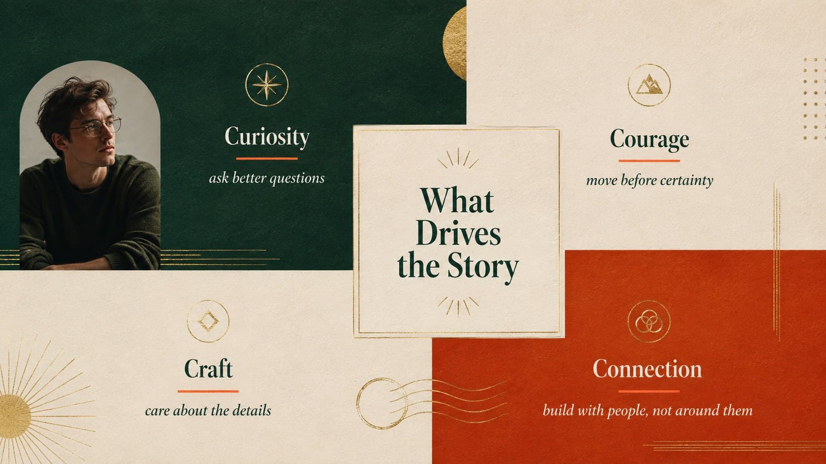 Personal values slide with four guiding principles arranged as an editorial manifesto.