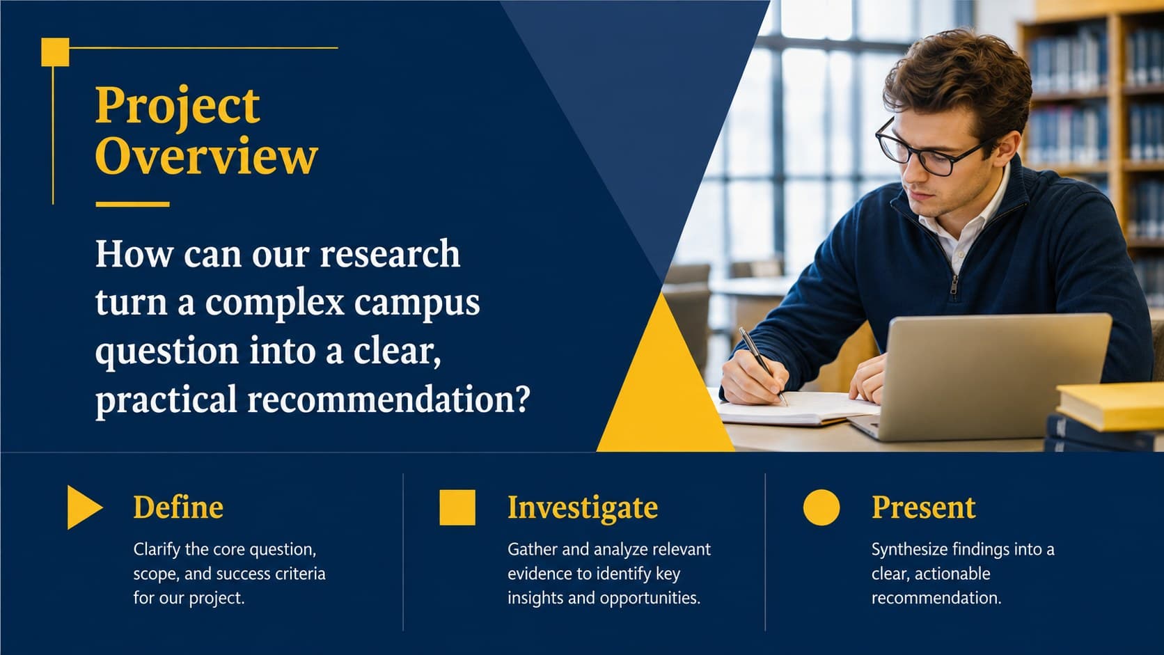 University of Michigan project overview slide featuring a concise challenge statement and three academic objectives.