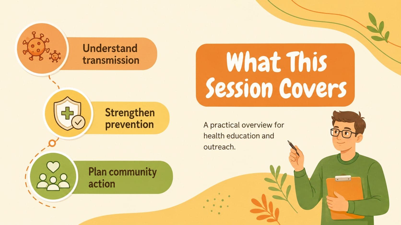 Illustrated malaria education overview slide presenting prevention, detection, and community action topics.