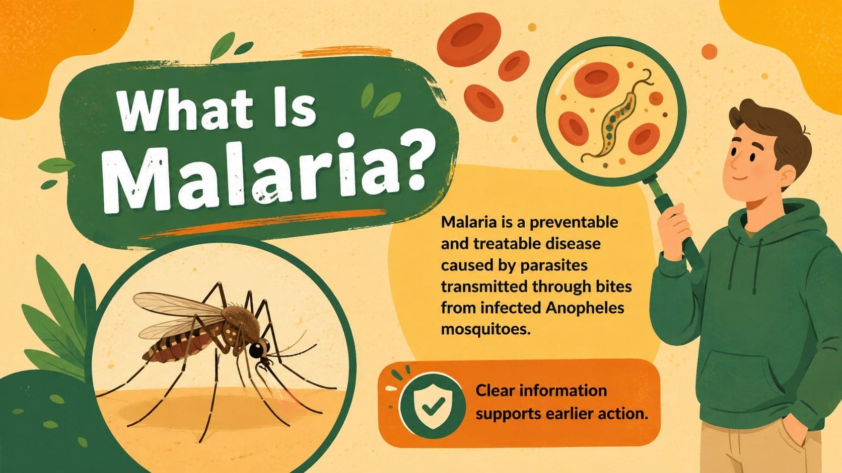 Malaria awareness slide explaining the disease with a mosquito, blood cell, and health information illustrations.