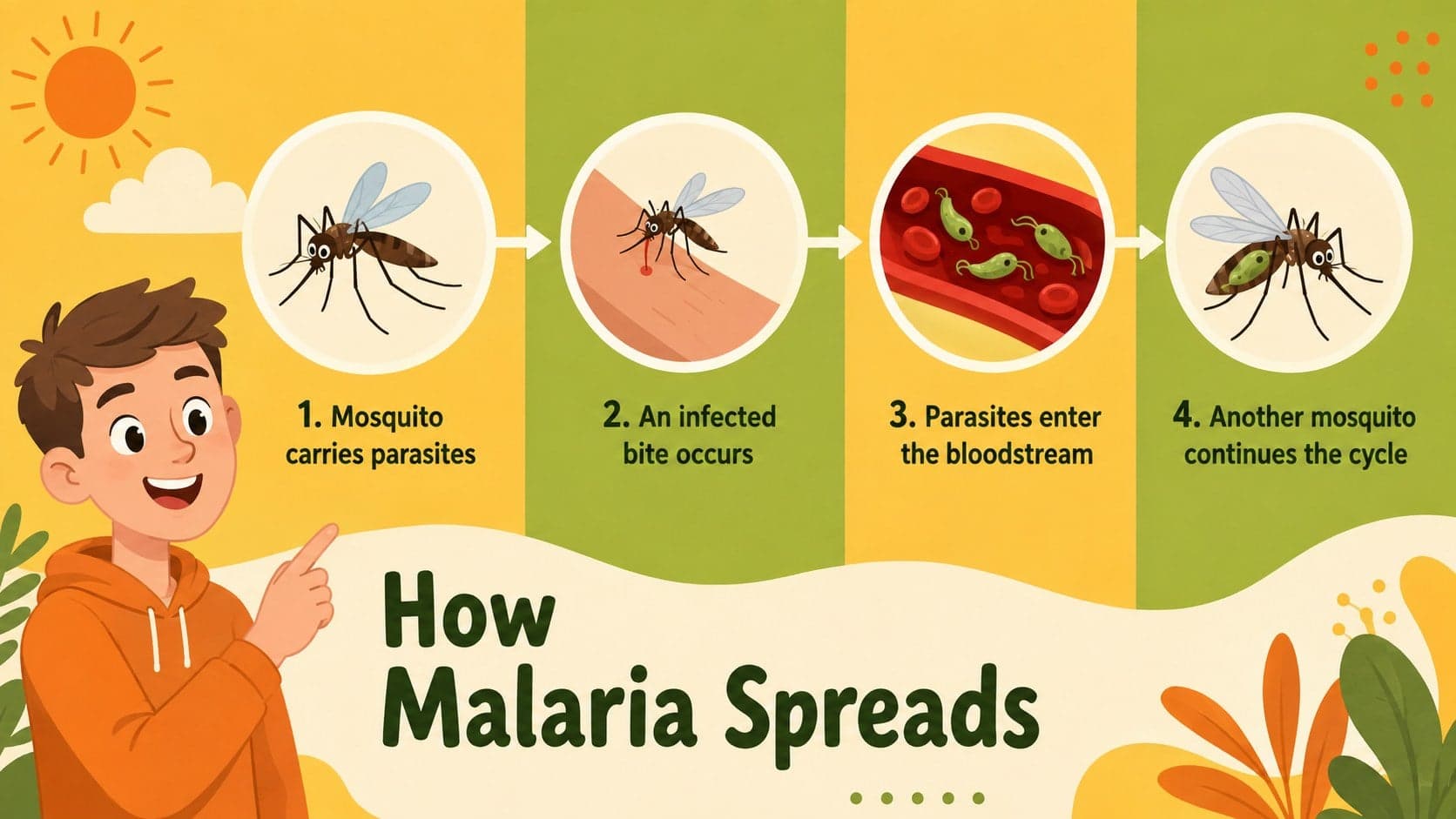 Mosquito-borne disease prevention slide showing the malaria transmission cycle as a four-step illustrated pathway.